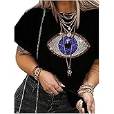 WDIRARA Women's Rhinestone Embellished Graphic Print Round Neck Short Sleeve Tee Shirts