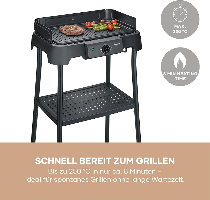 Tischgrill mit Standfuß, Standgrill & Tischgrill (Innen- & Außennutzung), Balkon & Küche, Temperaturen 40-220°C, schnelles Aufheizen, 39x23cm, leichte Reinigung, 2000W, schwarz, PG 8596