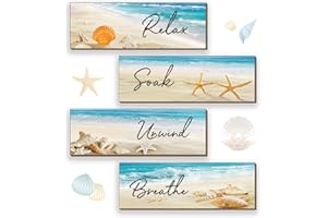 ZINYAZHE 4 Pieces Beach Bathroom Decor Ocean Beach Wall Decors Relax Soak Unwind Breathe Blue Wall Art Wooden Seashell Sea Beach Decorations for Bathroom Living Room Laundry Spa Washroom(12x3.5 Inch)