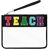 Hmxpls Chenille Letter Bag, Multi-purpose Nylon Clear Makeup Cosmetic Bags Flat Pouches with Zipper for Travel, Gym, Beach (Black-Teach)