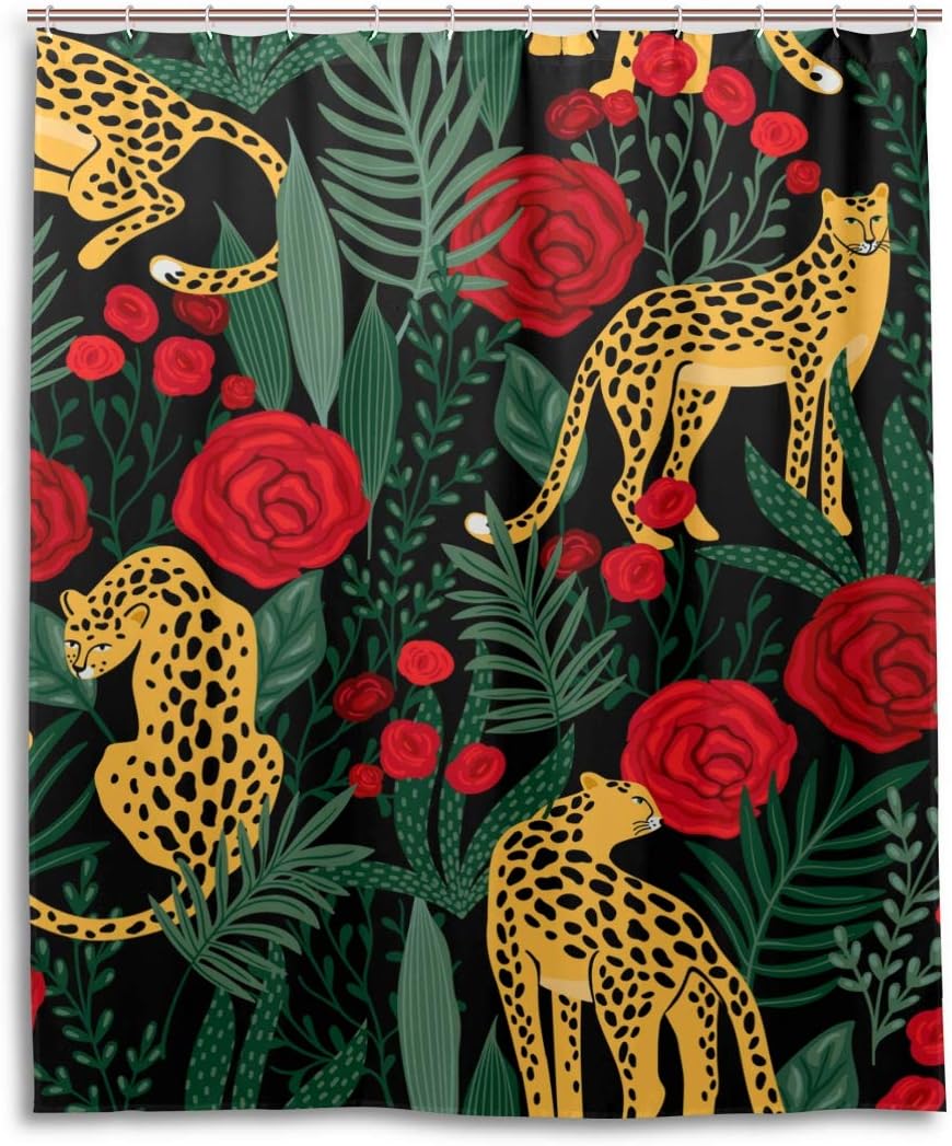 Orediy Bathroom Shower Curtain Tropical Leopard Leave And Roses Waterproof Anti Mold Polyester Bath Curtain with Hooks Home Decor 153 x 183 CM