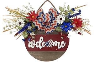 Idyllic Welcome Sign Wreath 4th of July Wreath Patriotic Wreath for Front Door, 16" Red White and Blue Flower Wooden Sign Wreath for Memorial Day Independence Day Decoration
