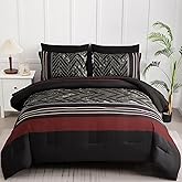 Luxudecor Black and Red Comforter Set Queen Size, 7 Pieces Stripe Geometric Bed in a Bag, Marble Comforter and Sheet Set, Soft Microfiber Complete Bedding Sets for All Seasons