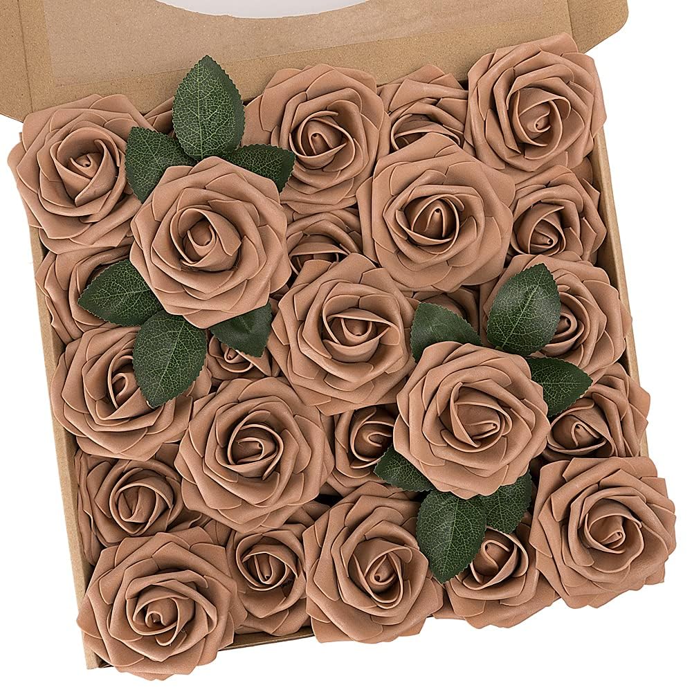 N&T NIETING Roses Artificial Flowers, 25pcs Fake Flower Bulk Perfect for DIY Wedding Bridesmaid Bridal Bouquets Centerpieces Party Home Decoration, Light Brown