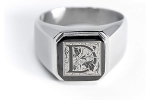 Tioneer Jewelry | Stainless Steel Letter Alphabet Initial Ring | Square Flat Top Ring for Men & Women | Stainless Steel Jewelry, (Black, Gold, Silver), Size 7-16