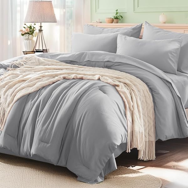 ANLUOER LIGHT GREY QUEEN COMFORTER SET 7 PIECES,...