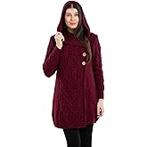 SAOL 100% Merino Wool Women Cardigan Butonned with Hood Aran Leaf Coat Made in Ireland