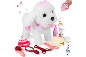 GOBRILLFUN Interactive Walking Plush Puppy Toy Dog, Realistic Wagging Tail Robot Dog, Grooming Set, Perfect Christmas Birthday Gift Toys for Girls and Boys, Kids Age 3, 4, 5, 6+ (White)