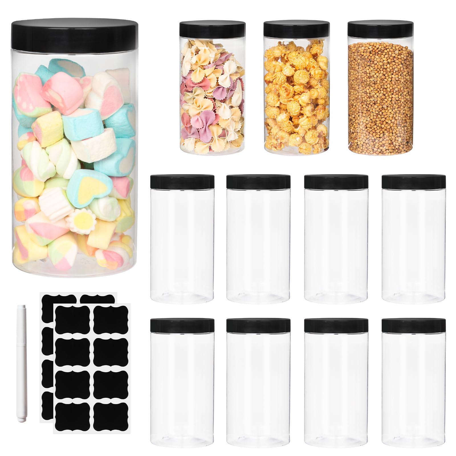 Photo 1 of 12 Pack 32oz Clear Plastic Storage jars with Black Leakproof Lids, Food Safe Jars, big Cylinder Plastic Containers for Kitchen Pantry, Household Organizing