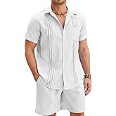 COOFANDY Men Linen Sets Outfits 2 Piece Short Sleeve Cuban Shirts Guayabera Linen Suit