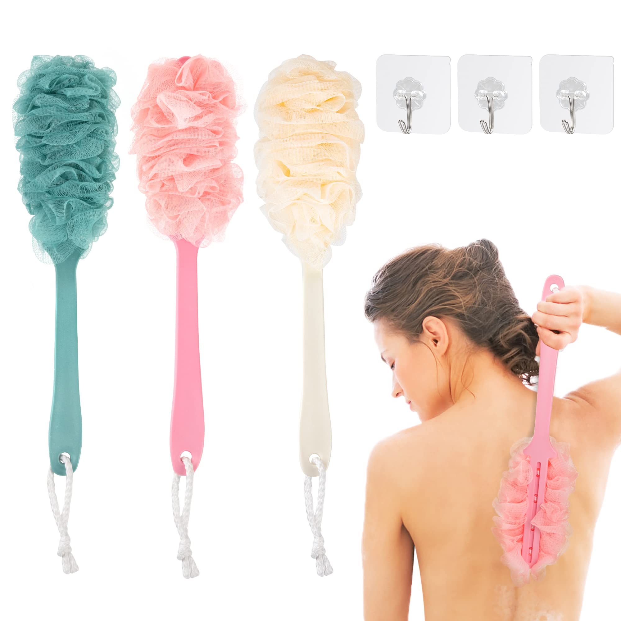 Long Handle Bath Brush with Soft Mesh Shower Body Brushes Back Scrubber with 3 Hooks Body Brush for Exfoliating and Removing Dead Skin 3 Pieces