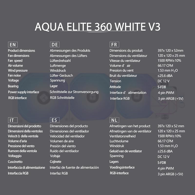 TR-Thermalright Aqua Elite 360 White V3 Full Water Cooling Cold Specification AIO PC Cooler, 3x120mm ARGB Cooler, instalação simples, compatível com AM5/AM4, LGA1851