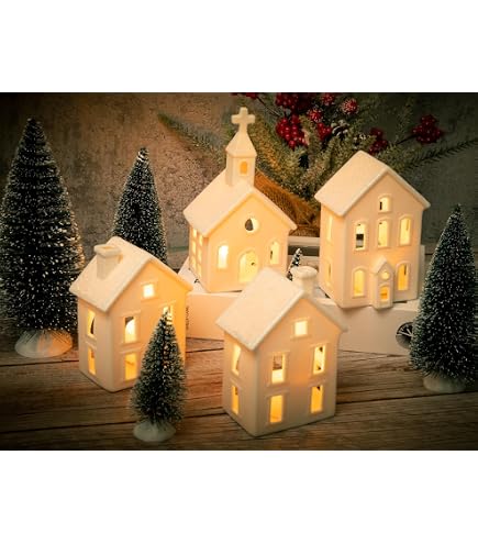 Casitas De Cerámica LED Para Navidad - Pack De 2, Pintadas A Mano, Decoración Para árbol O Mesa, Luz Blanca Cálida