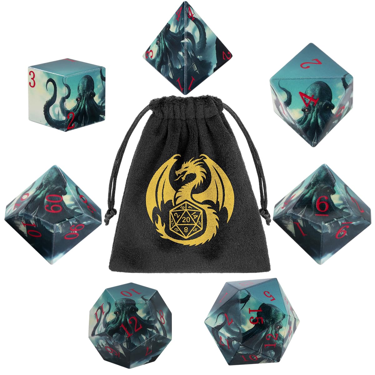 Octopus Themed Polyhedral Dice, 7Pcs DND Dice Set, Dnd Starter Set with Velvet Gift Bag, Perfect D&D Accessories for RPG MTG, Fantasy Tabletop Game Night, Octopus Gifts for Men Women