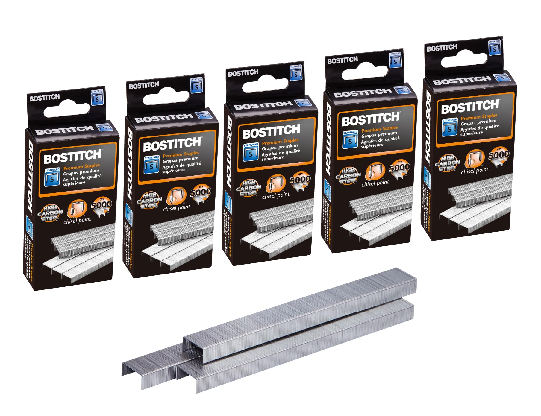 Photo 1 of Bostitch Office Premium Standard Staples, 1/4" Length, High-Carbon Steel, 5000 Per Box, 5-Pack