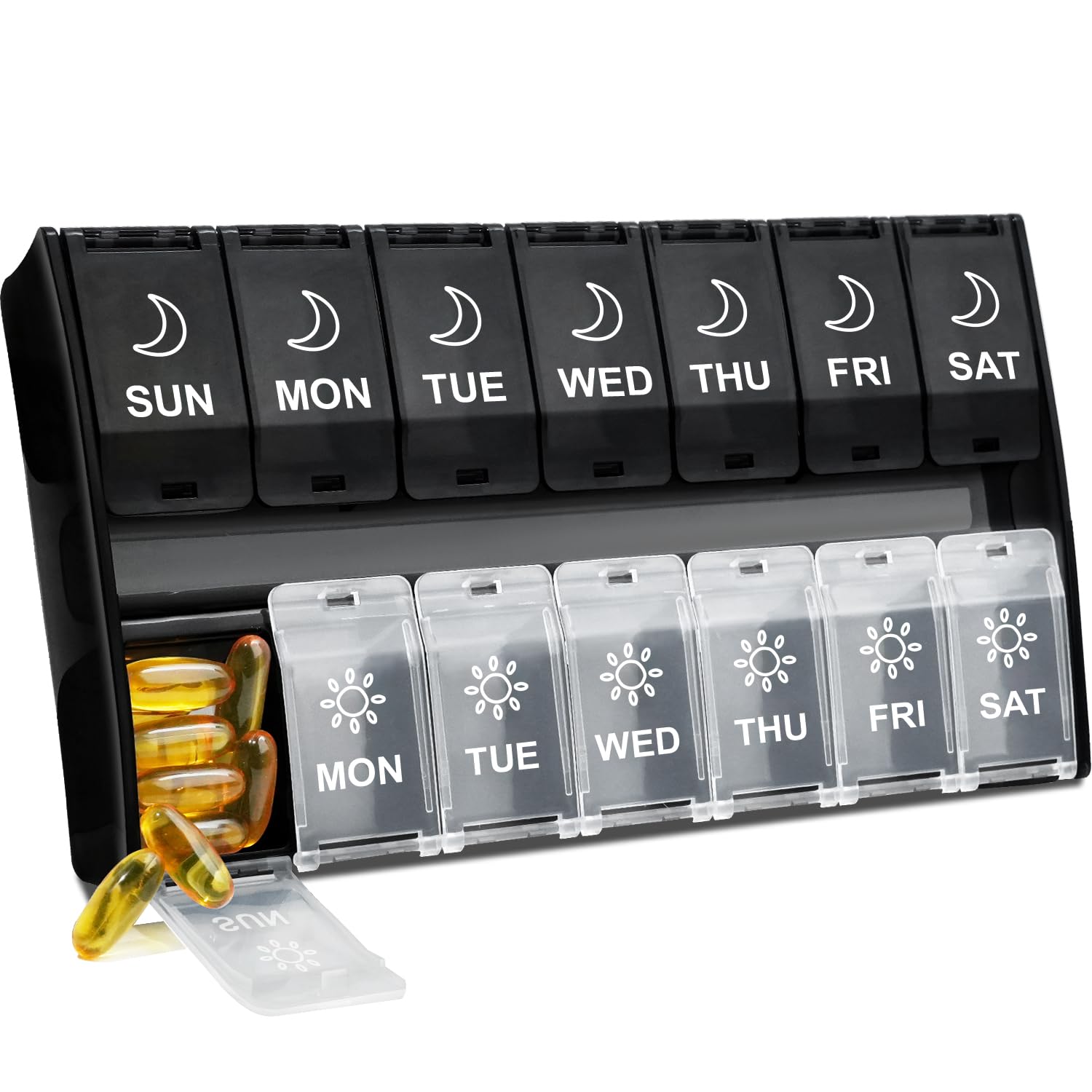 XL Large Weekly Organiser - 7 Day, Hinged Lids A.M/P.M. Vitamin Pill Box, Medication Aid for Supplements