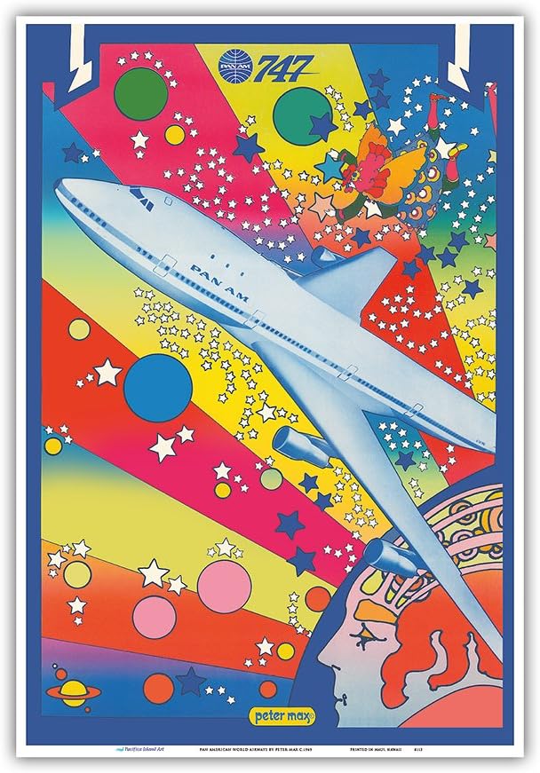 Pan American World Airways - Boeing 747 - Pop Art - Vintage Airline Travel Poster by Peter Max c.1969 - Master Art Print - 13in x 19in