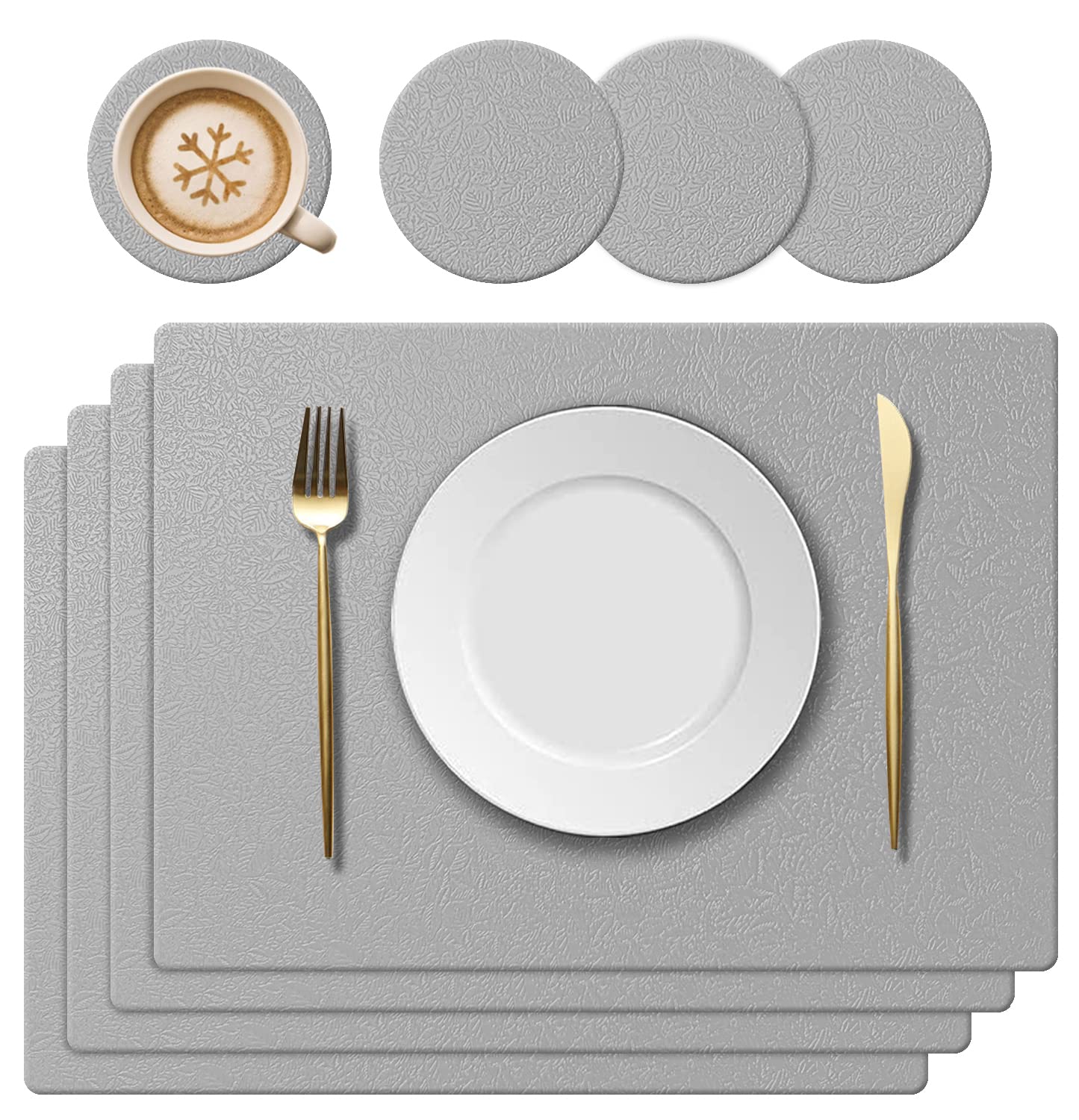 KERYCHIN Washable Silicone Placemat and Coaster, Heat Resistant 220 °C, Non-Slip and Waterproof, Easy to Clean for Dining Room, Kitchen, Hotel, 40 x 30 cm, 8 Pieces, Light Grey, L
