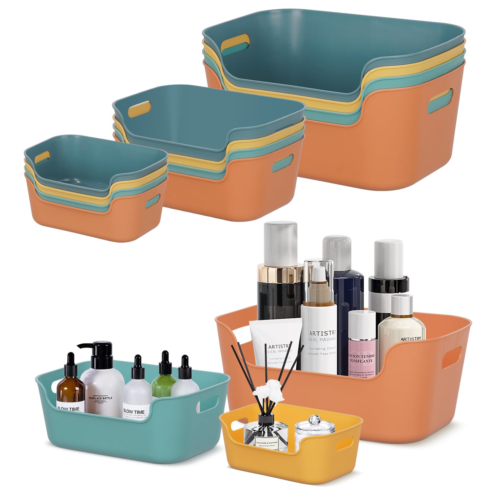 12 Pcs Multiple Colour Organiser Storage Baskets, Plastic Storage Boxes, Kitchen Cupboard Organiser Boxes for Bathroom, Cupboard, Office, School, Home, Big/Medium/Small Size Stackable Organiser