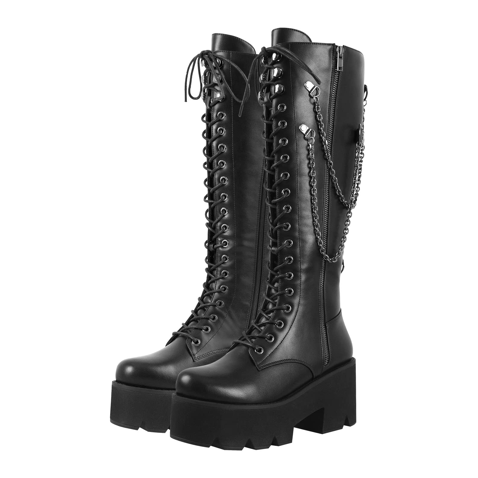 Photo 1 of *** DAMAGE TO THE BOX *** LISHAN Women's Platform Boots Motorcycle Punk Combat Lace Up Zipper Knee High Boots With Chains Chunky Thick Block Heels Daily Cosplay Gothic Party Shoes Black Size 7