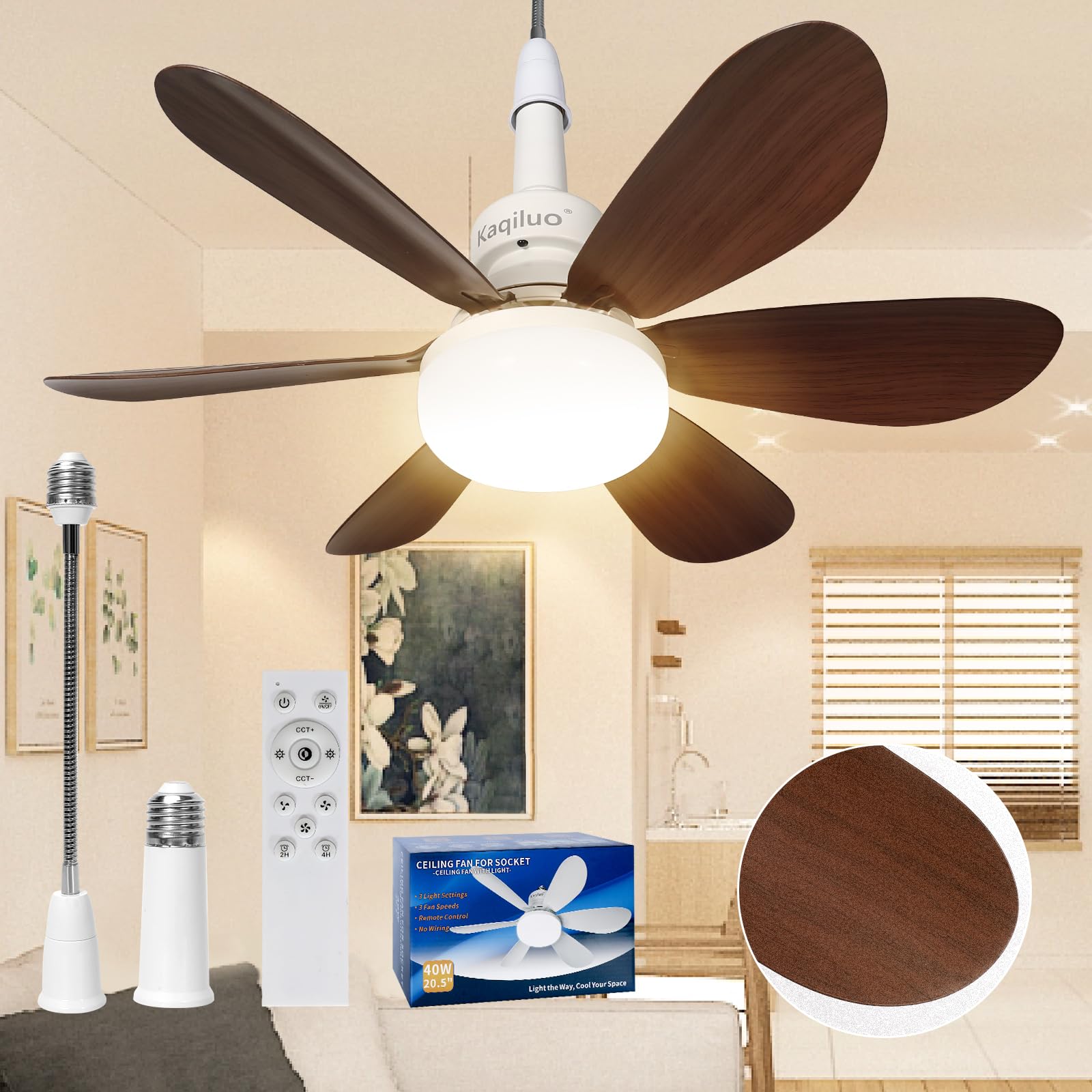 Photo 1 of Kaqiluo Socket Fan Light with Remote, 20.5’’ Screw in Ceiling Fan in Light Socket, LED Light Bulb Fan with 3 Color, 2000Lumens, 3000K-6500K, Ceiling Fans with Lights for Bedroom/Kitchen/Garage