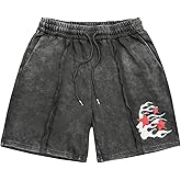 VIPWOLF Men's Graphic Shorts Drawstring Waist Figue Print Vintage Denim Shorts Streetwear Jorts