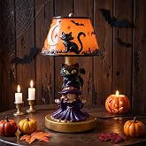 quishenti Halloween Witch Black Cat Table Lamp, USB-Powered Resin Desktop Lamp with Moon and Bat Pattern Lampshade, Spooky Indoor Night Light Decor for the Bedroom, Fireplace, and Halloween Party