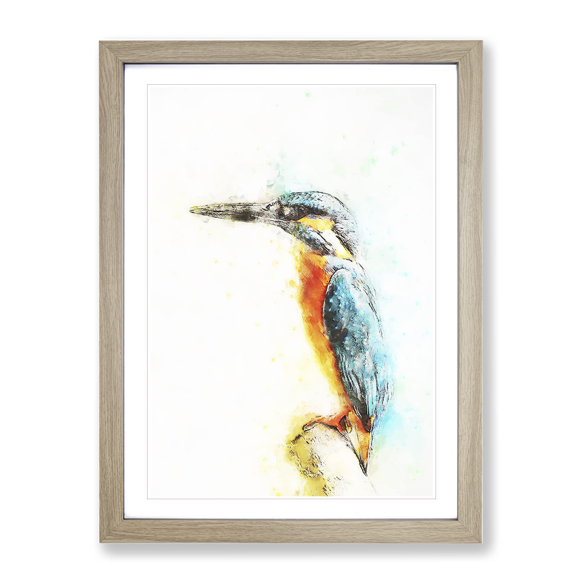 Perched Kingfisher In Abstract Modern Framed Wall Art Print, Ready to Hang Picture for Living Room Bedroom Home Office Décor, Oak A4 (34 x 25 cm)