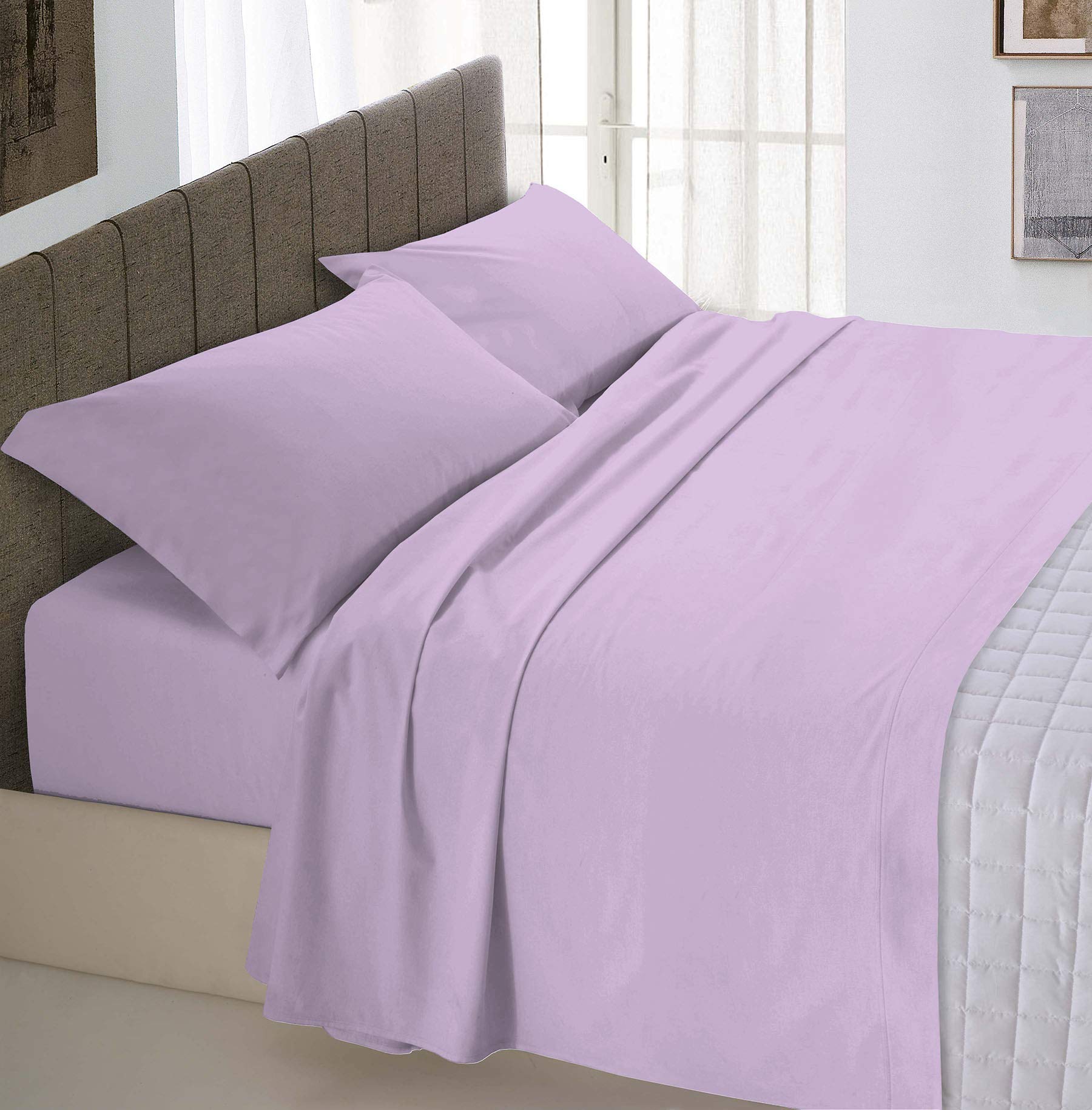 Italian Bed Linen Max Color Bed Linen Set (Flat 250x300, Fitted Sheet 170x200cm+2 Pillowcases 52x82cm), lillac, Double