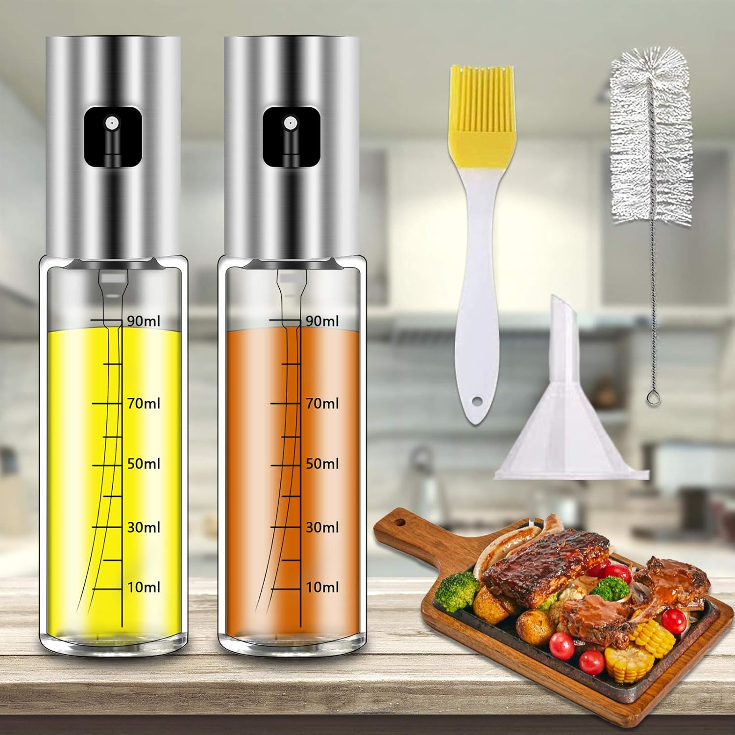 Oil Sprayer For Cooking, Oil Mister Food-grade 100ml / 3.4 Oz Transparent Olive Spray Glass Bottle With Scales Fine Mist Sauce Dispenser (2 Sprayers, 1funnel, 1 cleaning brush, 1 oil brush include)