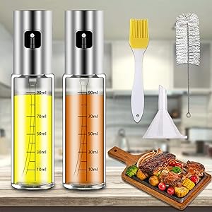 Oil Sprayer For Cooking, Oil Mister Food-grade 100ml / 3.4 Oz Transparent Olive Spray Glass Bottle With Scales Fine Mist Sauce Dispenser (2 Sprayers, 1funnel, 1 cleaning brush, 1 oil brush include)