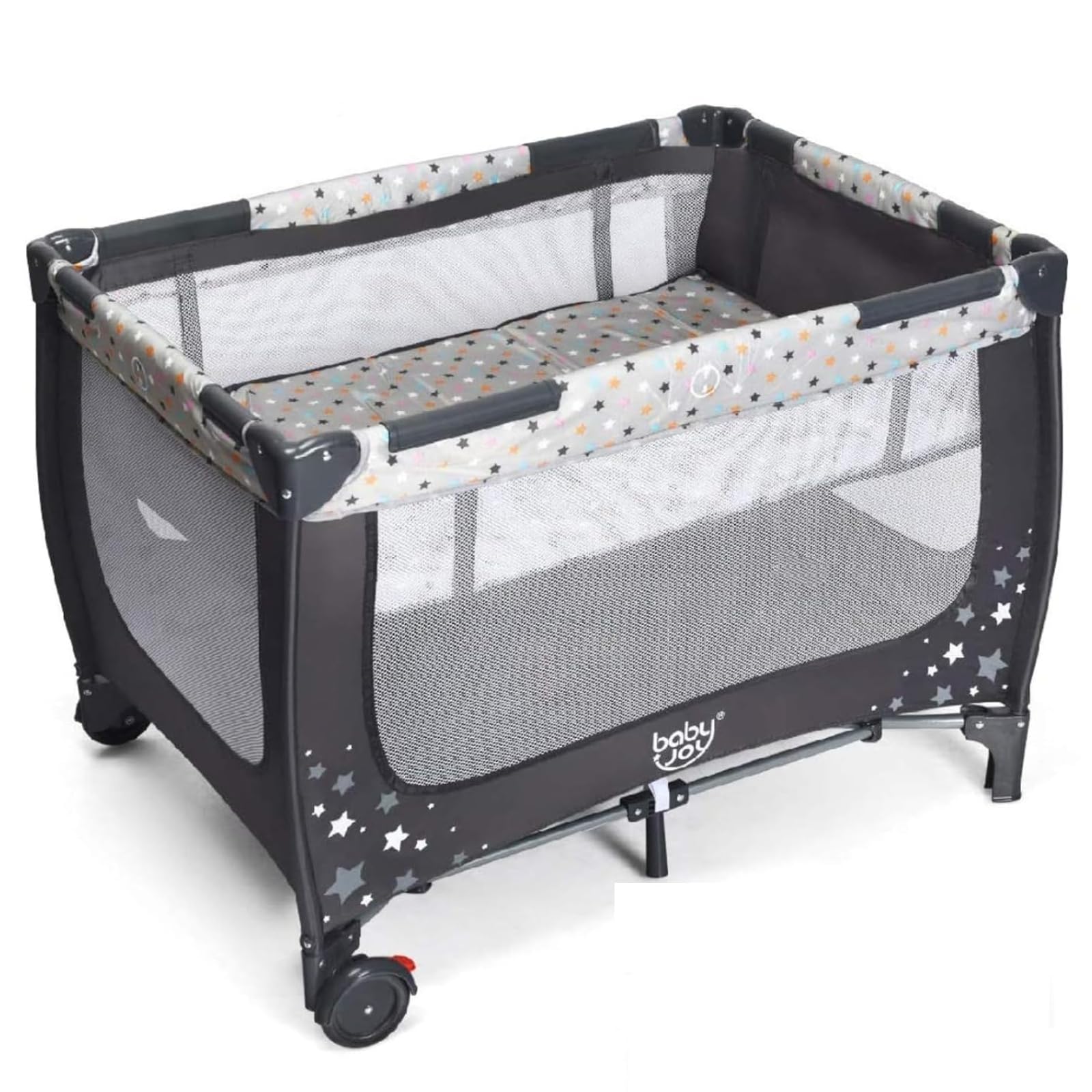 BABY JOY Portable Playard with Bassinet, Double Layer Foldable Baby Playpen with Breathable Mattress, Lightweight Easy Set up Baby Crib with Carry Bag, Foldable Travel Crib from Newborn to Toddlers Image