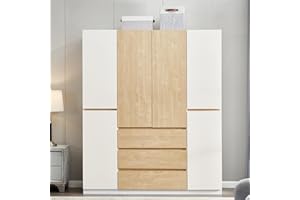 VivaVista 4 Doors Armoire Wardrobe Closet, Bedroom Armoires Cabinet Wooden with Hanging Rod inside Cabinet and Drawers