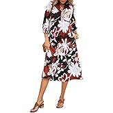 Wenrine Womens Maxi Shirt Dress Casual Floral 3/4 Long Sleeve Collared V Neck Loose Flowy Boho Fall Dresses with Pockets