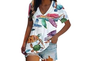 YSLMNOR Sea Turtle Printed Tops for Womens Summer Casual T Shirt Short Sleeve V Neck Blouses Loose Tunic