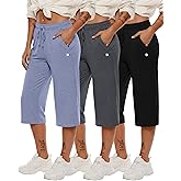 Neer 3 Pack Women's Capri Pants, Wide Leg Basic Sweatpants Lounge Loose Fit Casual Drawstring Yoga Capris with Pockets