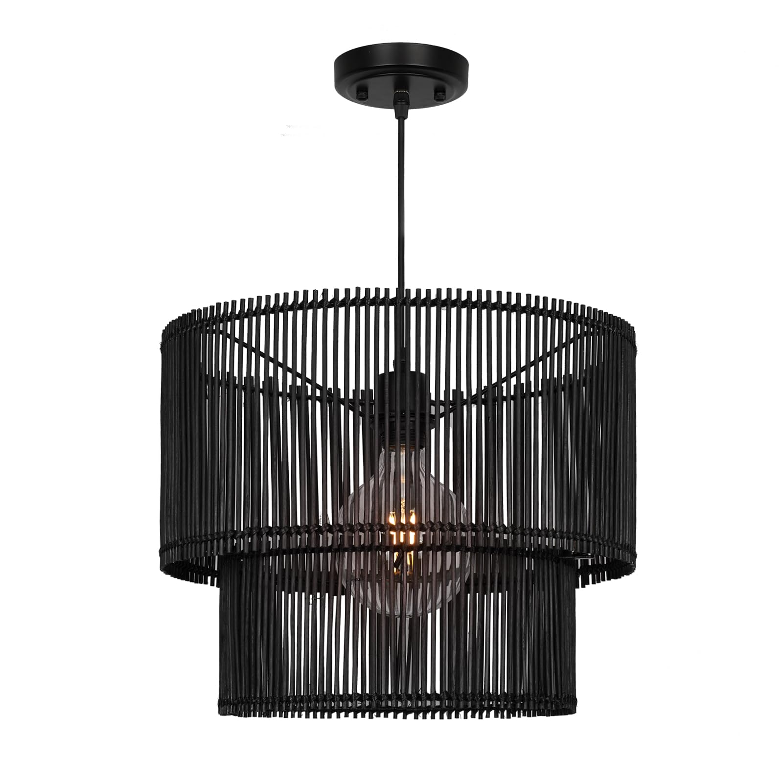 Photo 1 of Rosient Woven Rattan Pendant Lamp, 16 Inch Large Natural Simple Hand Weaved Coastal Beach Black Rope Hanging Pendant Light Fixture for Dining Room Living Room Bedroom Kitchen Foyer