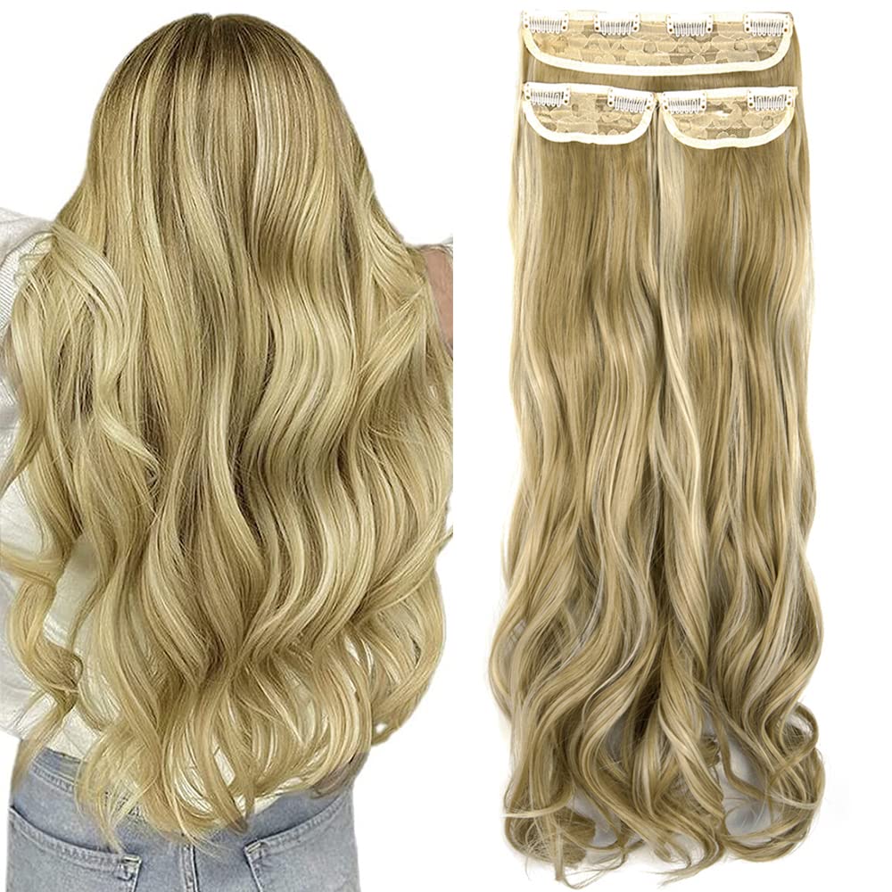 OMGREAT Curly Wavy Clips in on Hair Extensions Full Head Synthetic Hairpieces for Women 3Pcs 8Clips - 24" Ash Blonde Mix Bleach Blonde