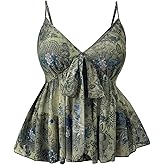 BEAUDRM Women's Plus Size Boho Floral Camisole Mesh Tops Bow Tie Front Sleeveless Sheer Ruffle Flared Peplum Tops