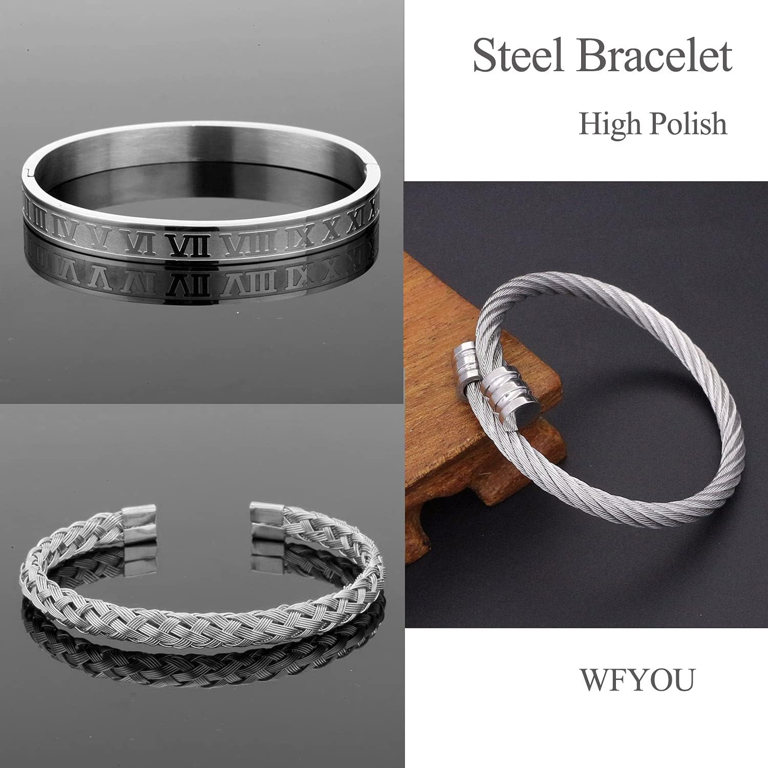 WFYOU 3PCS Stainless Steel Bracelets for Men Gold Roman Numeral Bangle Bracelet Twisted Cable Bracelet Adjustable Cuff Bracelet Mens Luxury Jewelry Bracelets Gifts: Clothing