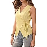 OYOANGLE Women's Wrap V Neck Belted Sleeveless Blouse Asymmetrical Hem Work Dressy Tops