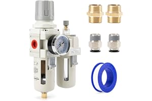 EBEIZZI 1/2" NPT Compressed Air Filter| Regulator Lubricator Combo |Water/Oil Trap Separator |Gauge(0-150 psi) | Poly Bowl | Semi-Auto Drain | Bracket - 3 in 1 Two Unit