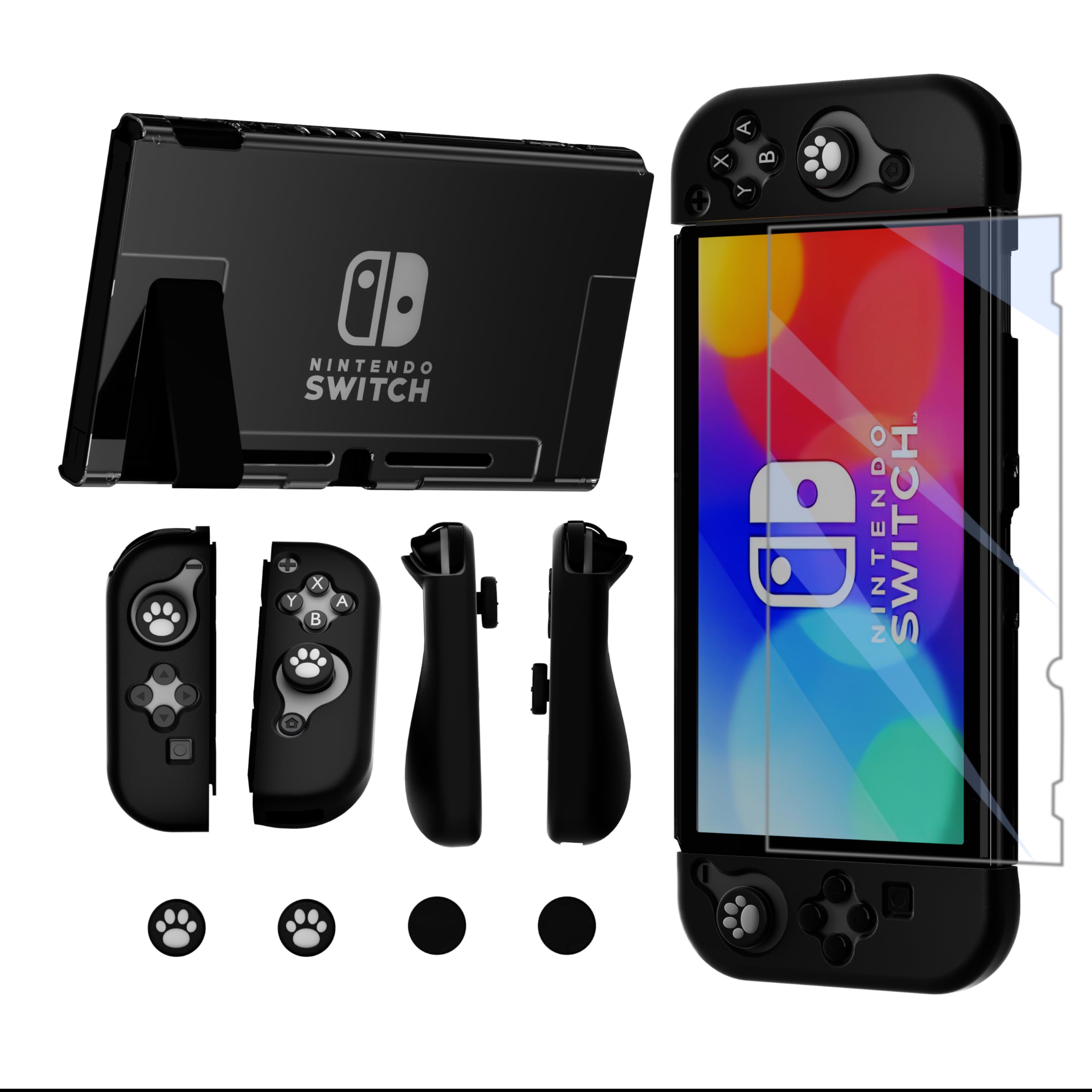 Laehovr Switch Case with Ergonomic TPU JoyCon Case, Transparent PC Back Shell for Nintendo Switch 2017, Dockable Switch Cover Protective Case with Switch Screen Protector, Thumb Stick