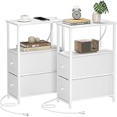 TUTOTAK Small Narrow End Table with Charging Station, Set of 2, Side Table with Outlets, Nightstand with 2 Cloth Drawers, Couch Table, for Living Room, Bedroom, Bedside, White TB01BW055