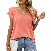 OFEEFAN Womens Summer Tops Ruffle Short Sleeve V Neck T-Shirts Casual Loose Fit