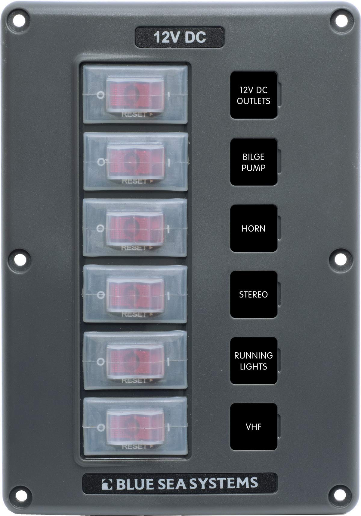 Blue Sea Systems 4322 Water-Resistant Circuit Breaker Switch Panel, Gray, 6 Positions