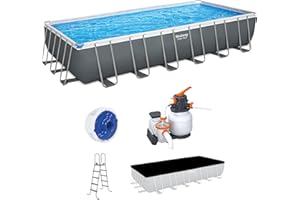 Bestway Power Steel 24' x 12' x 52" Rectangular Metal Frame Above Ground Swimming Pool Set with 1500 GPH Sand Filter Pump, Ladder, and Pool Cover