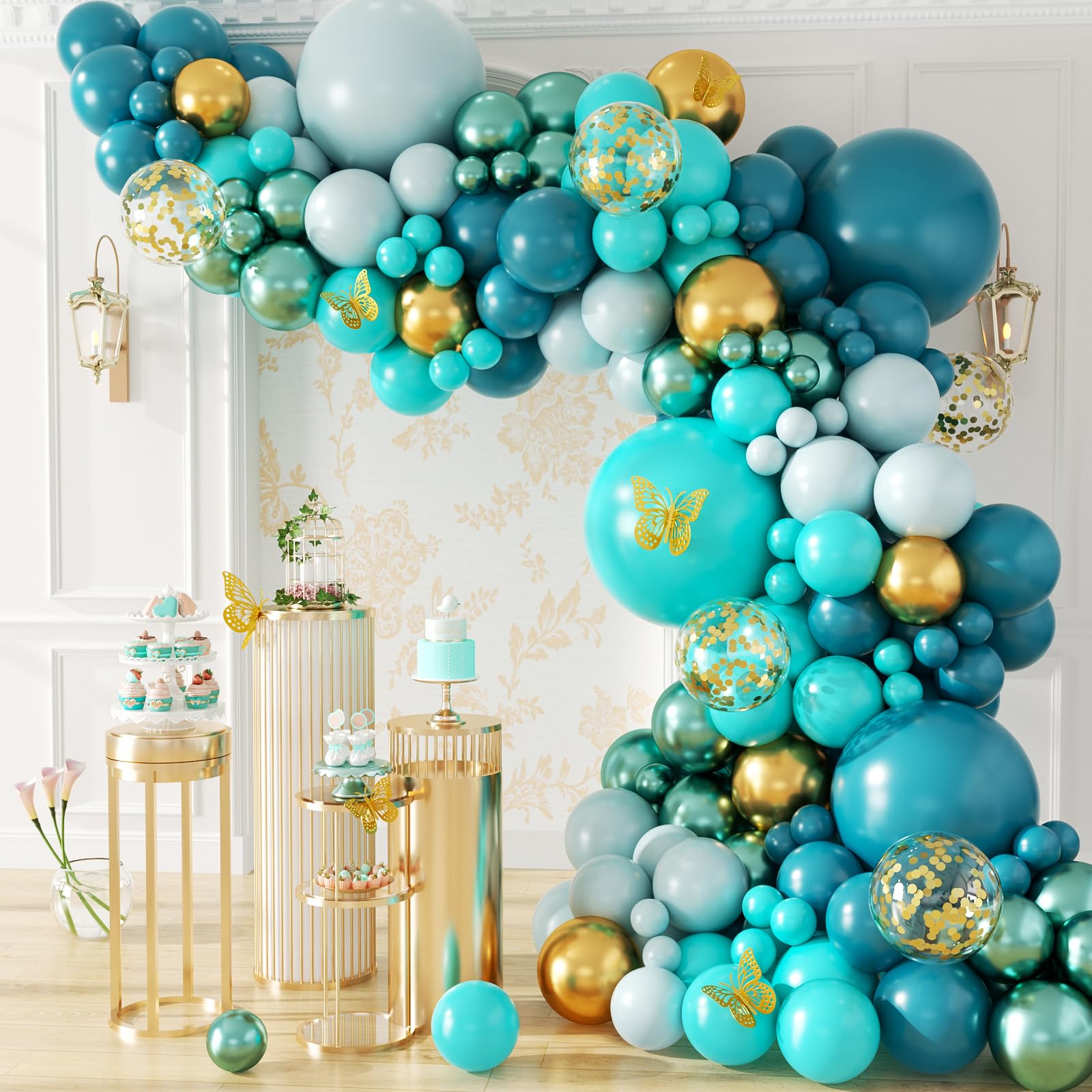Photo 1 of 142pcs Teal Turquoise Balloon Arch Garland Kit with Teal Turquoise Pastel Blue Metallic Green Gold Confetti Balloons for Anniversary Bridal Shower Baby Shower Birthday Party Decorations