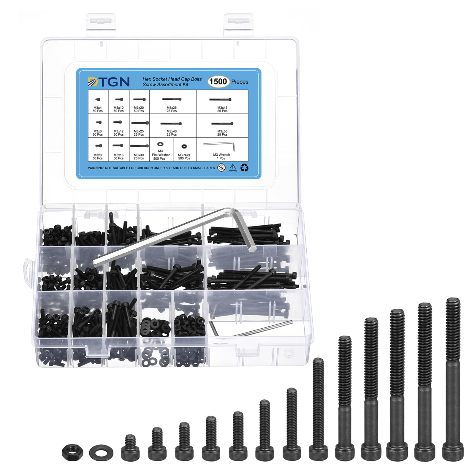 DTGN 1500Pcs M3 Metric Screw Assortment, Bolts and Nuts Kit, 12.9 Grade Steel M3x4/6/8/10/12/16/20/25/30/35/40/45/50mm Hex Socket Head Cap Screws Bolt Set With Wrench, Washers
