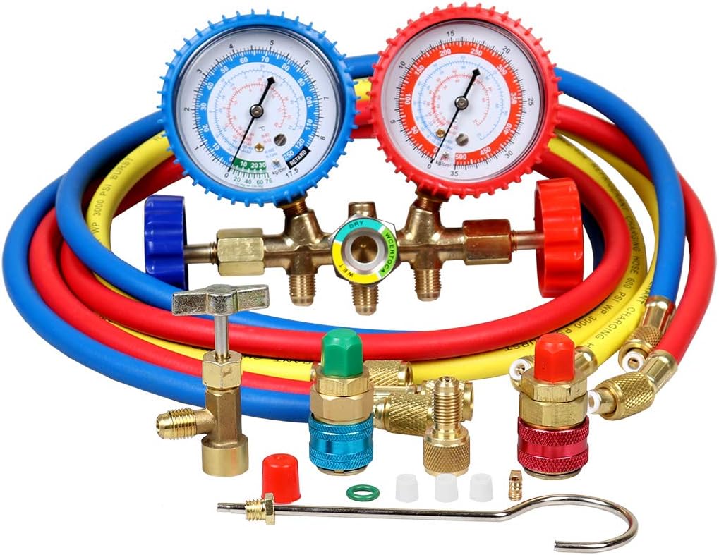 Goetland Diagnostic Manifold Gauge Kit for AC Refrigerant R12 R22 R502 HVAC, with R134a Adapter & Can Tap, 5 ft